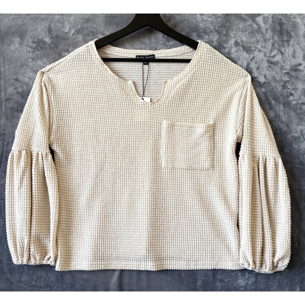 NWT Miou Muse Blouse Women Medium Waffle Knit‎ Beige Balloon Sleeve